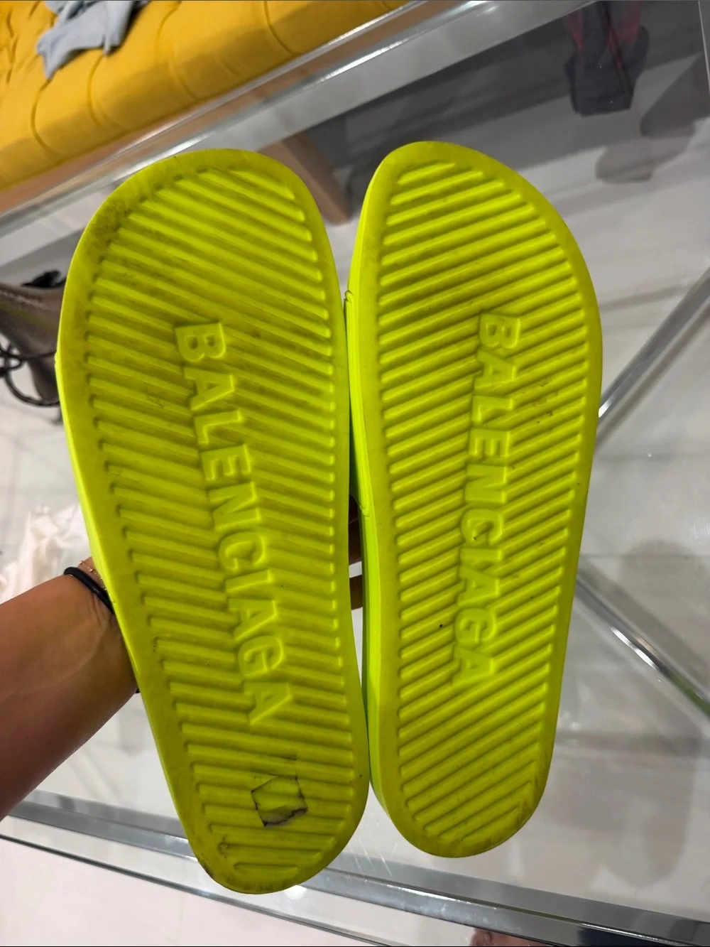 Balenciaga mens Neon Yellow pool Slide Sandals with Black Logo
